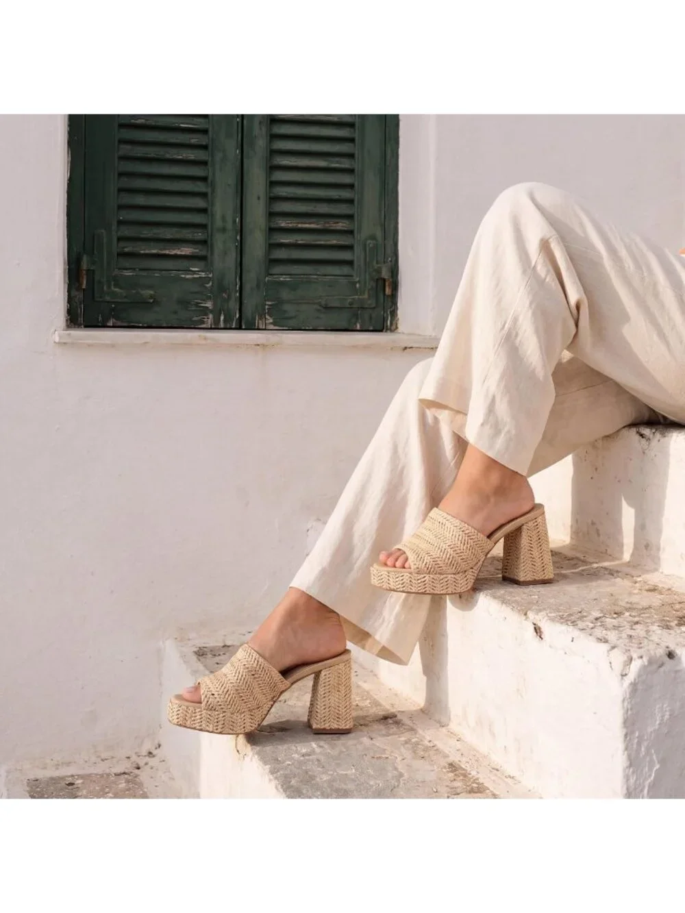 Stylish Raffia Platform Heels for Women - Chunky Block Open Toe Woven Slides